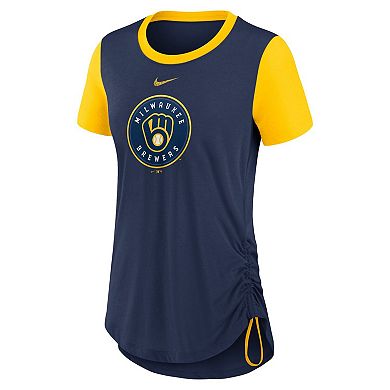 Women's Nike Navy Milwaukee Brewers Hipster Swoosh Cinched Tri-Blend Performance Fashion T-Shirt