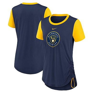 Women's Nike Navy Milwaukee Brewers Hipster Swoosh Cinched Tri-Blend Performance Fashion T-Shirt