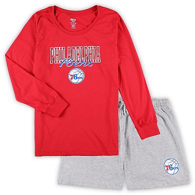 Women's Concepts Sport Red/Heather Gray Philadelphia 76ers Plus Size Long Sleeve T-Shirt and Shorts Sleep Set