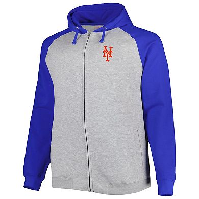 Men's Heather Gray/Royal New York Mets Big & Tall Raglan Hoodie Full-Zip Sweatshirt