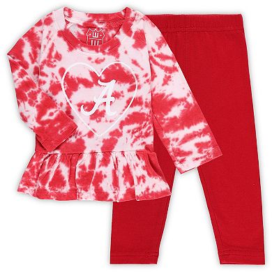 Girls Infant Wes & Willy Crimson Alabama Crimson Tide Tie-Dye Ruffle Raglan Long Sleeve T-Shirt & Leggings Set
