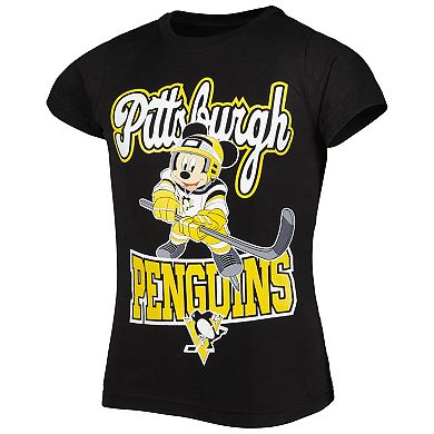 Girls Youth Black Pittsburgh Penguins Mickey Mouse Go Team Go T-Shirt