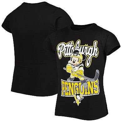 Girls Youth Black Pittsburgh Penguins Mickey Mouse Go Team Go T-Shirt