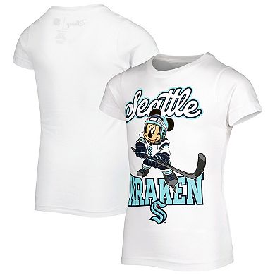 Girls Youth White Seattle Kraken Mickey Mouse Go Team Go T-Shirt