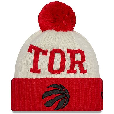 Men's New Era Red/Cream Toronto Raptors 2022 NBA Draft On The Court Cuffed Knit Hat with Pom