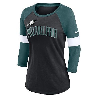 Women's Nike Philadelphia Eagles Heather Black/Heather Midnight Green Football Pride Raglan 3/4-Sleeve T-Shirt