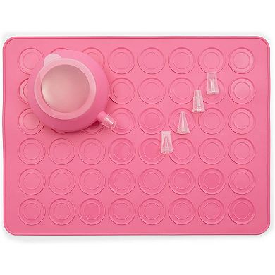 Macaron Baking Kit with Pink Silicone Mat Cookie Sheet, Piping Pot, 5 Nozzle Tips (7-Piece Set)