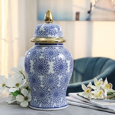 14.5" White and Navy Blue Decorative Dalhia Flower Temple Jar with Lid