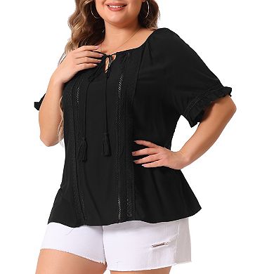 Women's Plus Size Summer Hollow Out Ruffle Short Sleeve Blouse