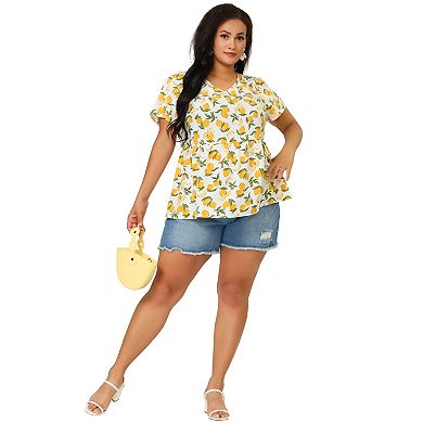 Women's Plus Blouse Casual V Neck Lemon Floral Peplum Top