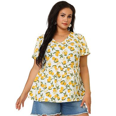 Women's Plus Blouse Casual V Neck Lemon Floral Peplum Top