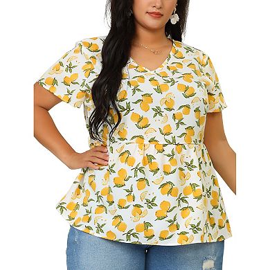 Women's Plus Blouse Casual V Neck Lemon Floral Peplum Top