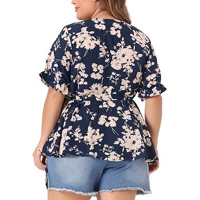 Women's Plus Size Summer Outfit Ditsy Colorful Floral Wrap Blouse