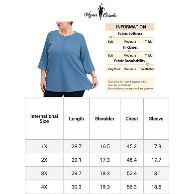 Women's Plus Size Blouse Round Neck Half Placket 3/4 Sleeve Basic Tops