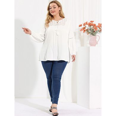 Women's Plus Size Keyhole Hollow Out Tie Neck Long Sleeve Work Formal Blouse
