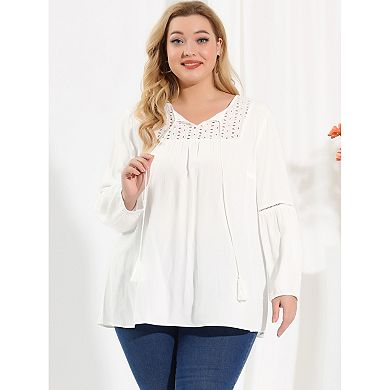 Women's Plus Size Keyhole Hollow Out Tie Neck Long Sleeve Work Formal Blouse