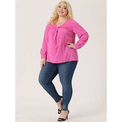 Women's Plus Size Winter Solid Long Sleeve V Neck Twist Casual Top