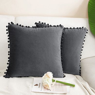Velvet Pillow Cover With Pompoms For Sofa Bed 2 Pcs 16"x16"