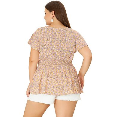 Plus Size Peplum Top for Women Smocked Waist Summer Floral Blouses