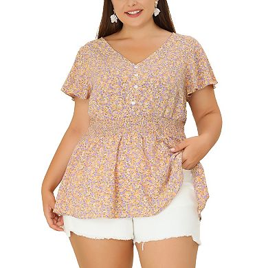Plus Size Peplum Top for Women Smocked Waist Summer Floral Blouses