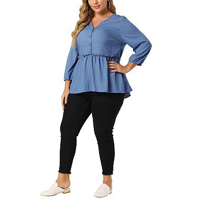 Women's Plus Size Peplum Top Pullover Puff Sleeve High Waist Blouses