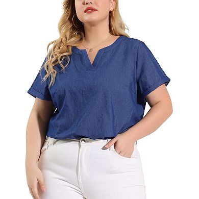 Women's Plus Blouse Work Short Sleeve Chambray Casual Tops