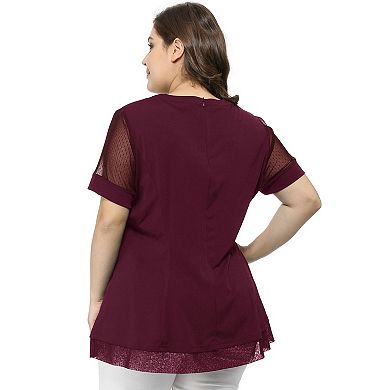 Women's Plus Size See-Through Round Neck Short Sleeve Swing Peplum Mesh Lace Top