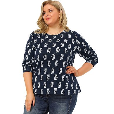Women's Plus Size Round Neck Cat Printed Long Sleeve Knit Blouse