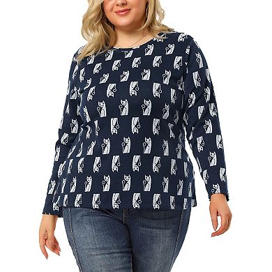 Women's Plus Size Round Neck Cat Printed Long Sleeve Knit Blouse