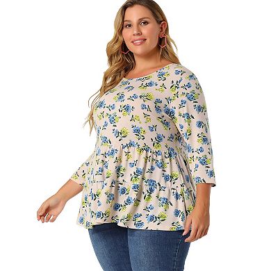 Women's Plus Size Round Neck 3/4 Sleeve Floral Peplum Tops