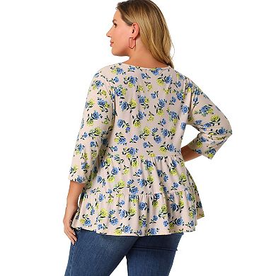 Women's Plus Size Round Neck 3/4 Sleeve Floral Peplum Tops