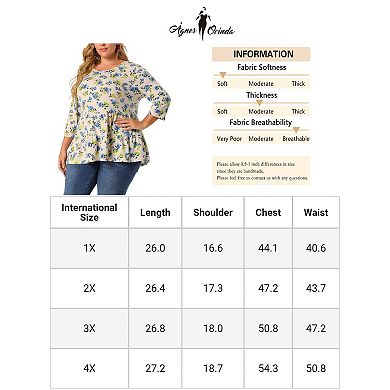 Women's Plus Size Round Neck 3/4 Sleeve Floral Peplum Tops