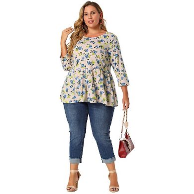 Women's Plus Size Round Neck 3/4 Sleeve Floral Peplum Tops