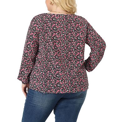 Women's Plus Floral Printed Round Neck Long Sleeve Blouse