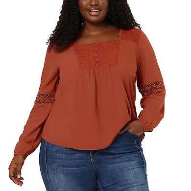Women's Plus Size Square Ruffle Neck Lace Front Smocked Blouse