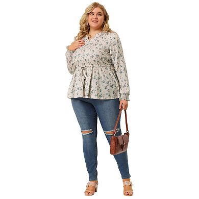 Women's Plus Size Ruffle Neck Drawstring Waist Long Sleeve Peplum Tops