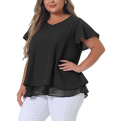 Women's Plus Top Casual Flare Sleeve Double Layers Chiffon Blouse