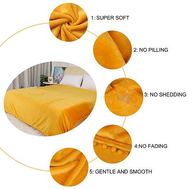Luxury Flannel Fleece Blanket with Pompom Fringe Bed Single Double Queen Size Full/Queen 78"x90"