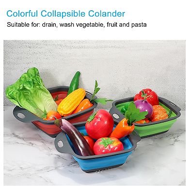 Collapsible Colander Set, 3 Pcs Silicone Square Foldable Strainer, Small