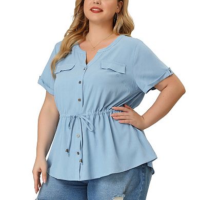 Women's Plus Shirt V Neck Drawstring Waist Button Down Chambray Top