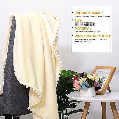 Flannel Fleece Blanket With Pompom Fringe Solid Microfiber Plush Decorative Blankets Throw 50"x60"