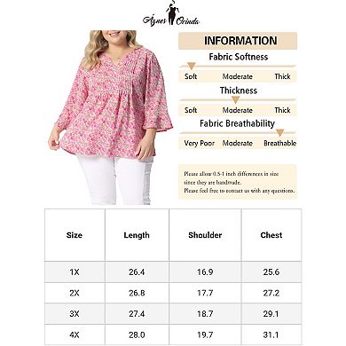 Women's Plus Size Pleated 3/4 Sleeves V Neck Floral Blouse