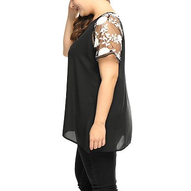 Women's Plus Size Summer Sheer Mesh Panel Short Sleeves Blouse