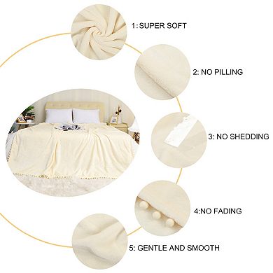 Luxury Flannel Fleece Blanket with Pompom Fringe Bed Single Double Queen Size Full 70"x78"