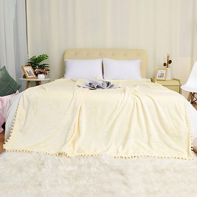 Luxury Flannel Fleece Blanket with Pompom Fringe Bed Single Double Queen Size Full 70"x78"