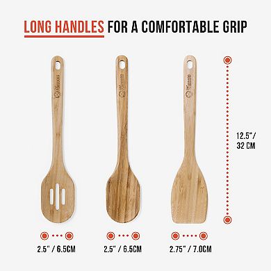 Chef Pomodoro Wooden Cooking Utensils 3-piece Set, Large 12.5-inch Spatula, Spoon, Slotted Spoon