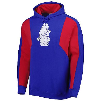 Men's Mitchell & Ness Royal/Red Chicago Cubs Colorblocked Fleece Pullover Hoodie