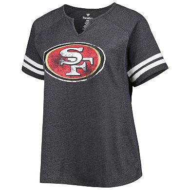 Women's Fanatics Branded Heather Charcoal San Francisco 49ers Plus Size Logo Striped Raglan Notch Neck T-Shirt