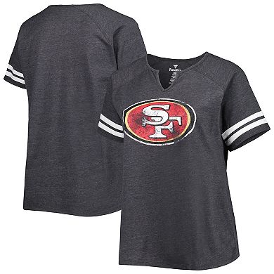 Women's Fanatics Branded Heather Charcoal San Francisco 49ers Plus Size Logo Striped Raglan Notch Neck T-Shirt