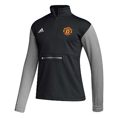 Men's adidas Black Manchester United Crest Long Sleeve Half-Zip Top